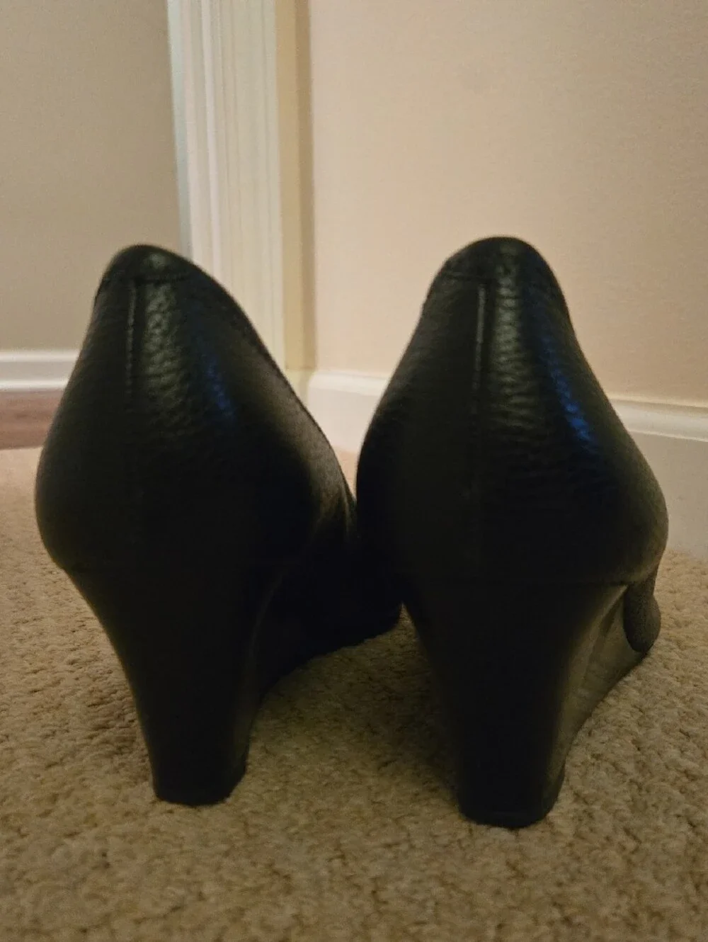 Tory Burch Black Leather Peep-Toe Heels with Silver Logo Medallion